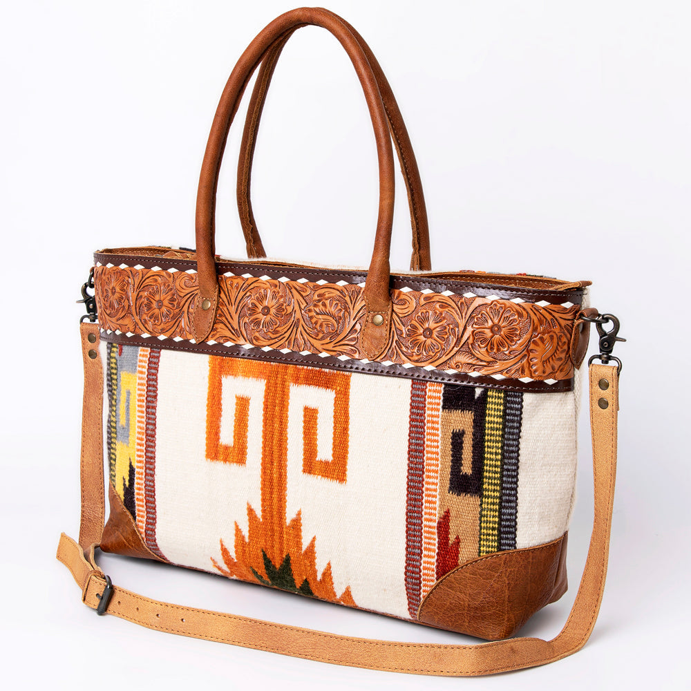 American Darling Tote Bag Western Leather Hand Tooled Floral Carved Hand Woven Saddle Blanket Genuine Leather 12x16