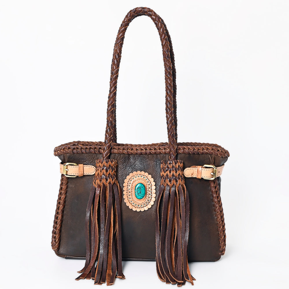 American Darling Tote Bag Western Genuine Leather Handcrafted Purse with Fringes and Turquoise Stone and Braided Handles