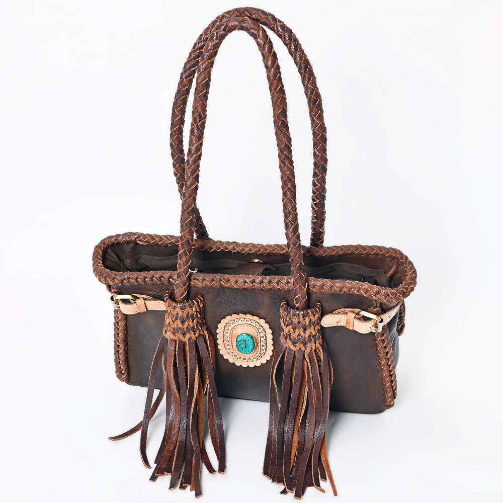 American Darling Tote Bag Western Genuine Leather Handcrafted Purse with Fringes and Turquoise Stone and Braided Handles