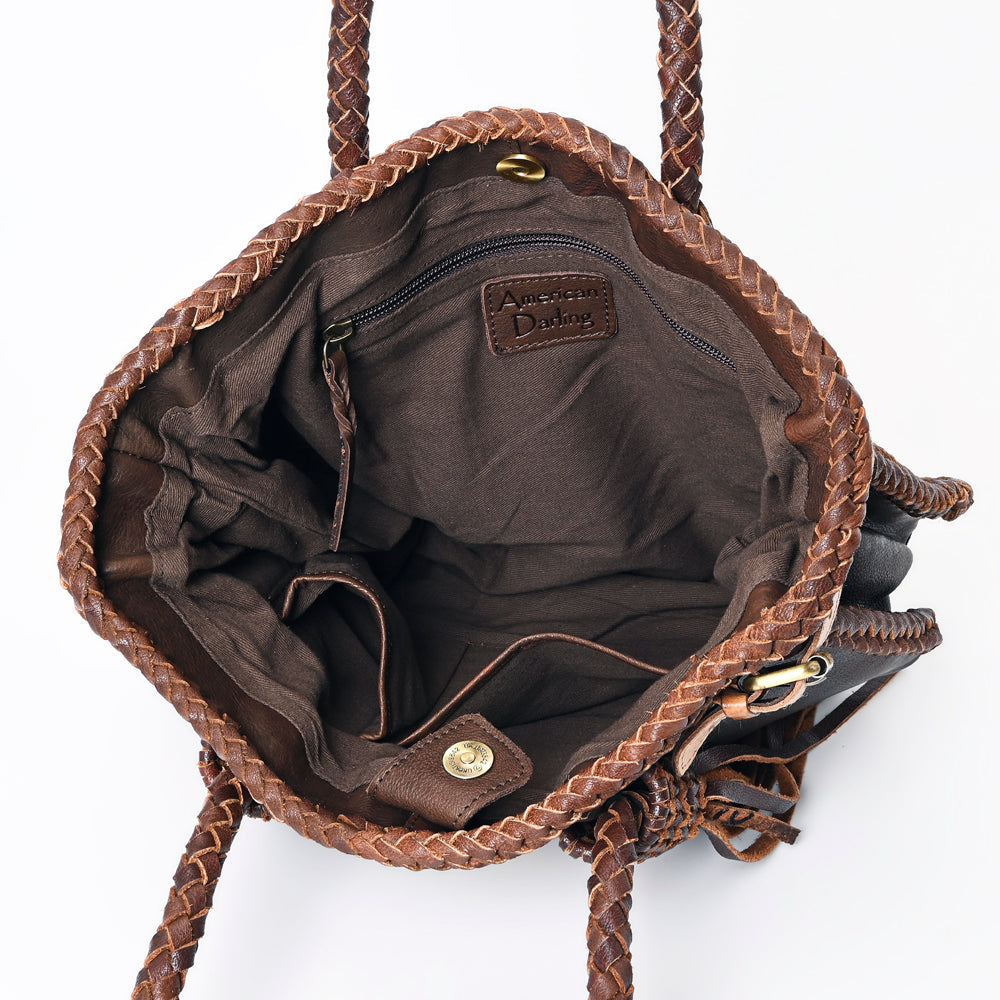 American Darling Tote Bag Western Genuine Leather Handcrafted Purse with Fringes and Turquoise Stone and Braided Handles