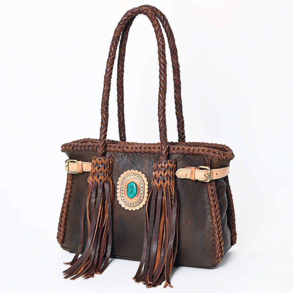 American Darling Tote Bag Western Genuine Leather Handcrafted Purse with Fringes and Turquoise Stone and Braided Handles