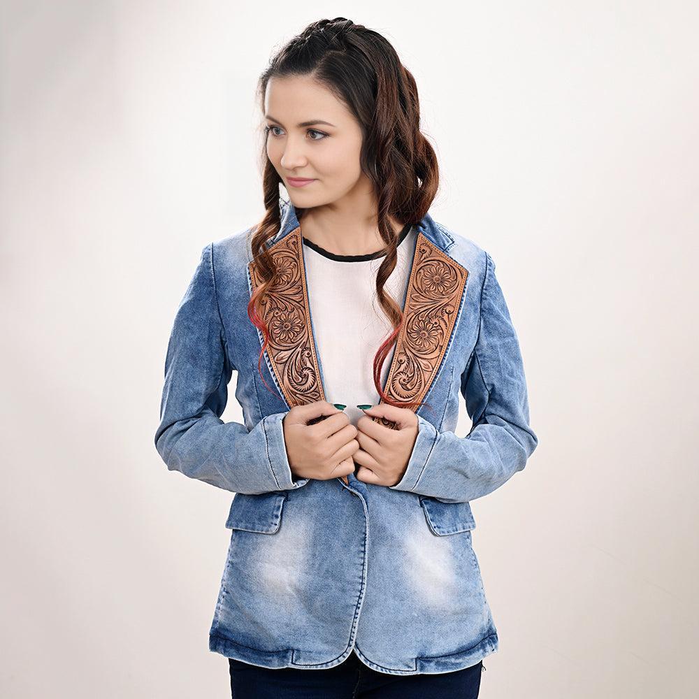 Genuine leather Hand tooled hand carved Women 100% cotton Denim Blazer dress jacket