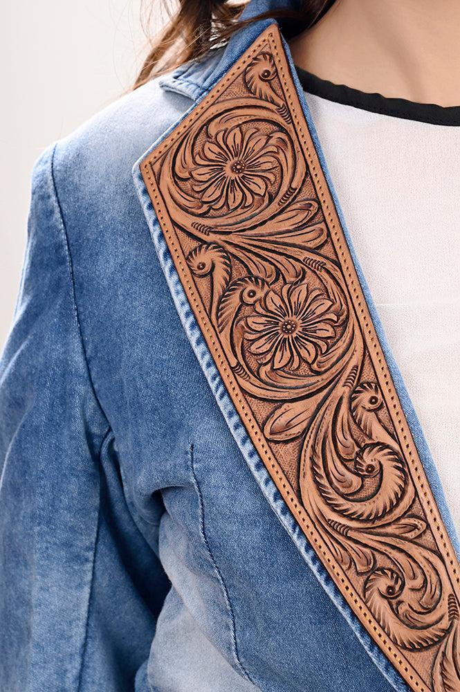 Genuine leather Hand tooled hand carved Women 100% cotton Denim Blazer dress jacket