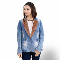Genuine leather Hand tooled hand carved Women 100% cotton Denim Blazer dress jacket