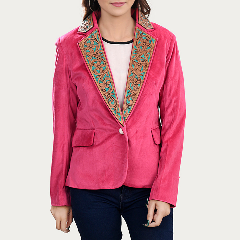 American Darling Genuine leather Hand tooled carved Women 100% cotton Denim Blazer dress Shirt ladies | Vintage Jacket