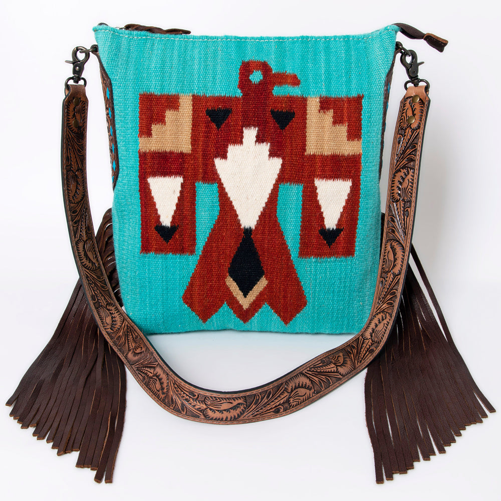 American Darling Cross body Bag Hand Woven Saddle Blanket Hand Tooled Western Leather Purse with Fringes 15in x 15in x 3in