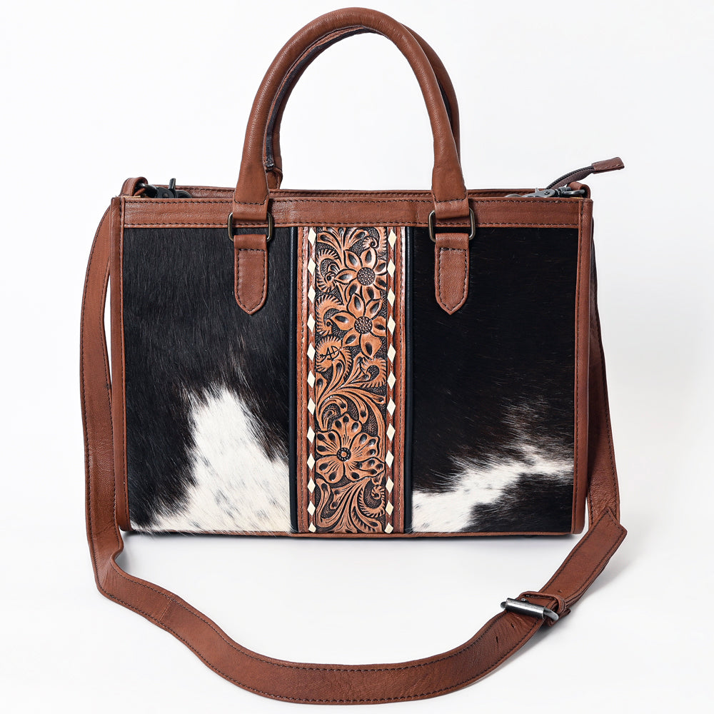 American Darling Hair-on Cowhide Tote Bag – Genuine Leather Western Purse with Hand-Tooled Floral Panel, Dual Handles, and Adjustable Strap