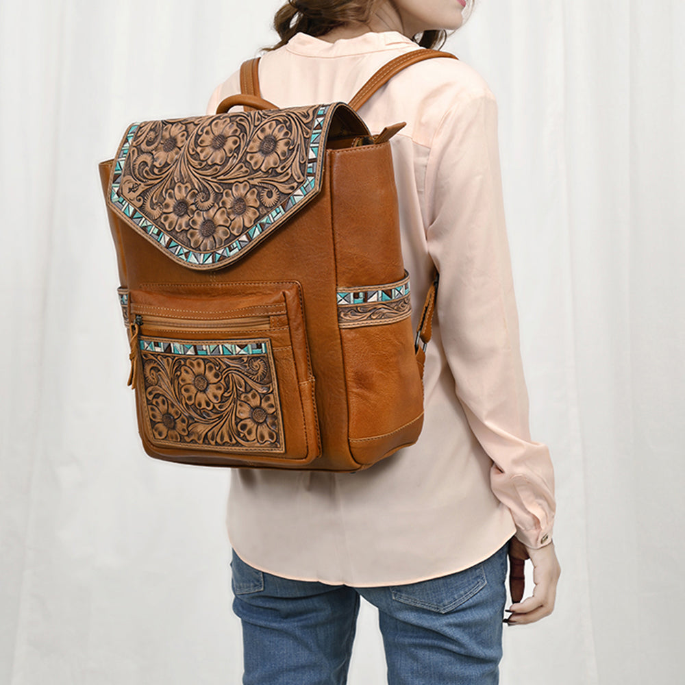 American Darling Hand-Tooled Leather Backpack, Genuine Leather Floral Carved Western Bag with Front Pocket, Everyday Travel Backpack