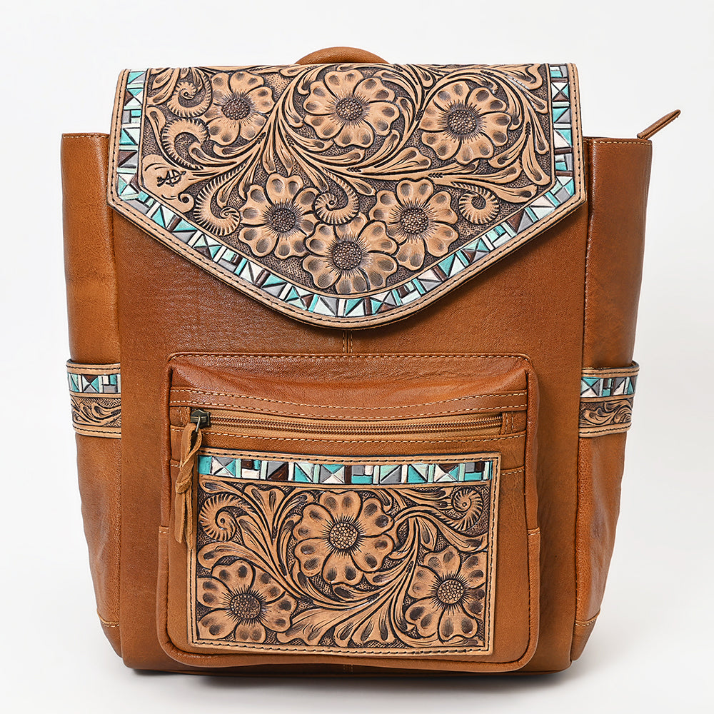 American Darling Hand-Tooled Leather Backpack, Genuine Leather Floral Carved Western Bag with Front Pocket, Everyday Travel Backpack