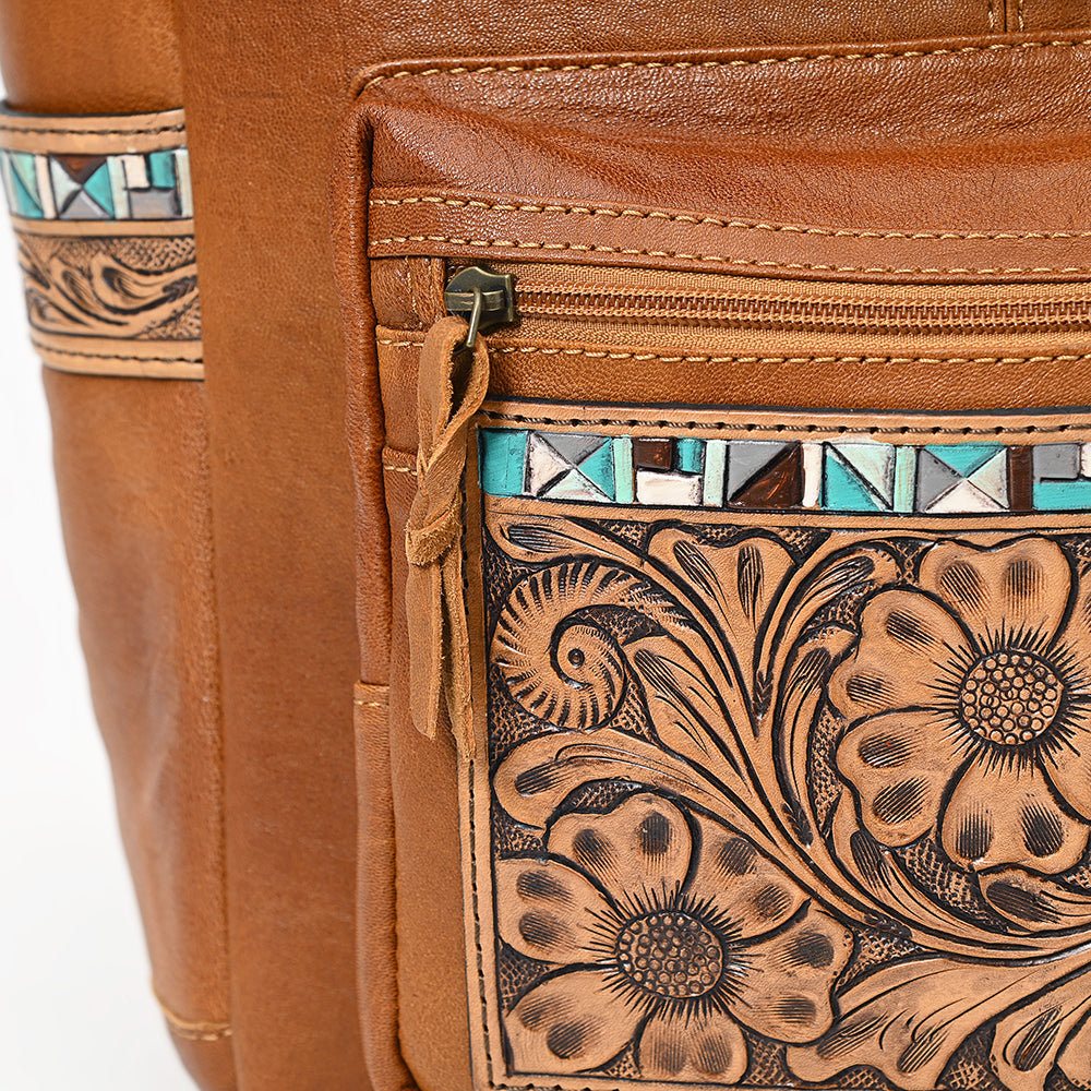 American Darling Hand-Tooled Leather Backpack, Genuine Leather Floral Carved Western Bag with Front Pocket, Everyday Travel Backpack