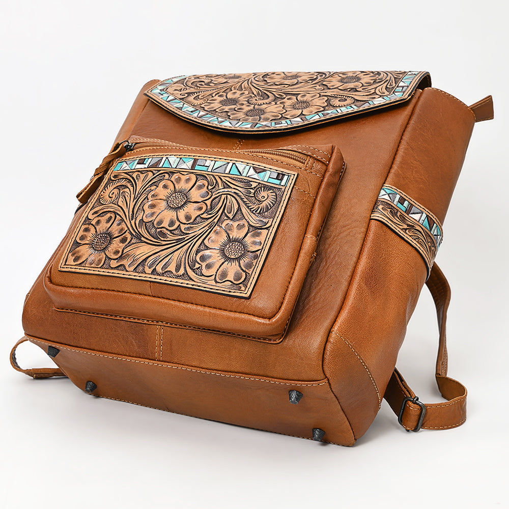 American Darling Hand-Tooled Leather Backpack, Genuine Leather Floral Carved Western Bag with Front Pocket, Everyday Travel Backpack