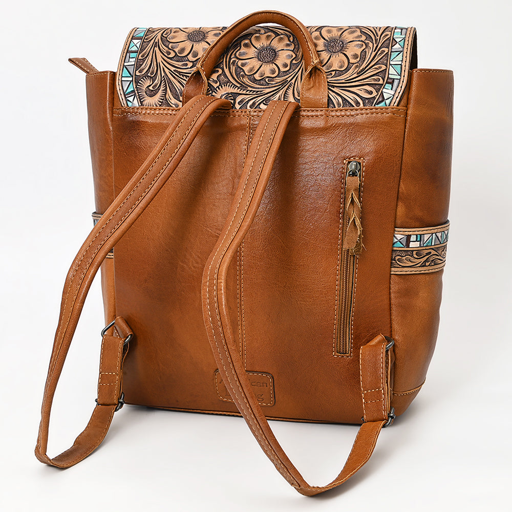American Darling Hand-Tooled Leather Backpack, Genuine Leather Floral Carved Western Bag with Front Pocket, Everyday Travel Backpack