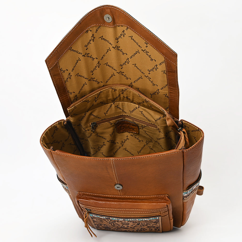American Darling Hand-Tooled Leather Backpack, Genuine Leather Floral Carved Western Bag with Front Pocket, Everyday Travel Backpack