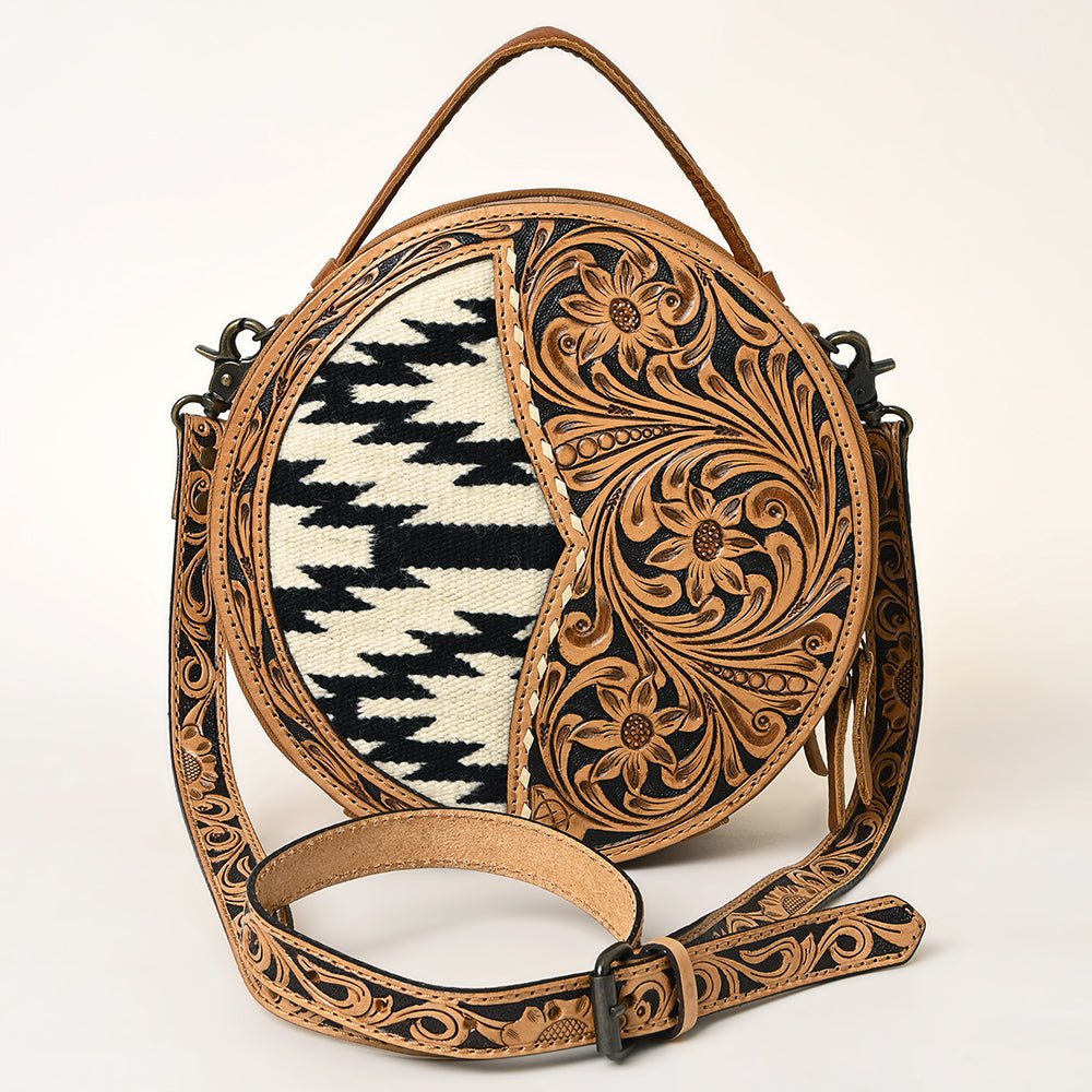 American Darling Hand-Tooled Leather Canteen Bag, Genuine Leather Round Crossbody with Woven Saddle Blanket and Floral Carving