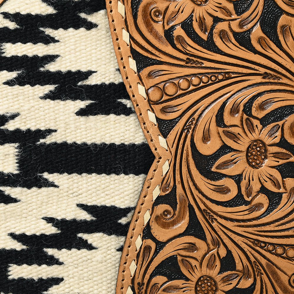 American Darling Hand-Tooled Leather Canteen Bag, Genuine Leather Round Crossbody with Woven Saddle Blanket and Floral Carving