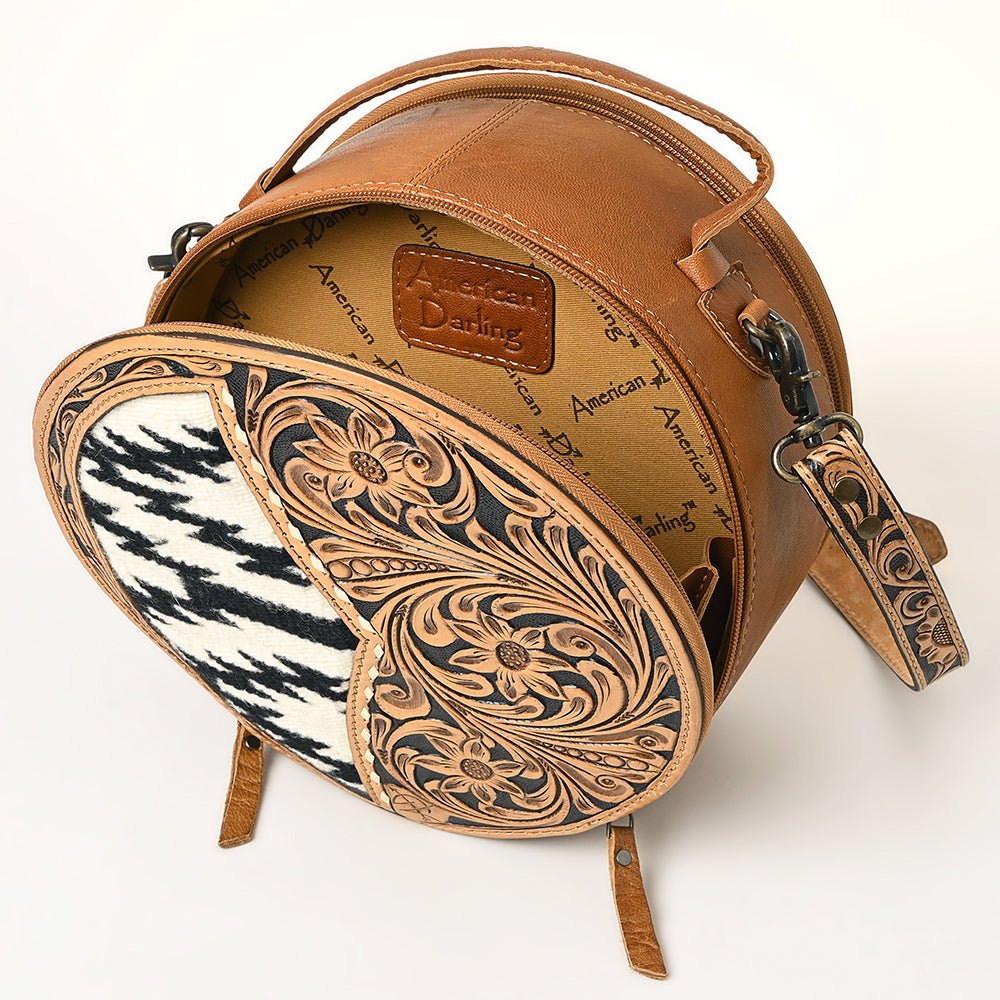 American Darling Hand-Tooled Leather Canteen Bag, Genuine Leather Round Crossbody with Woven Saddle Blanket and Floral Carving