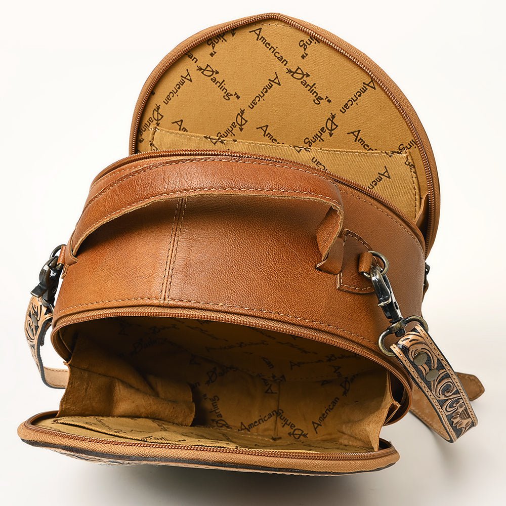 American Darling Hand-Tooled Leather Canteen Bag, Genuine Leather Round Crossbody with Woven Saddle Blanket and Floral Carving