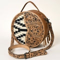 American Darling Hand-Tooled Leather Canteen Bag, Genuine Leather Round Crossbody with Woven Saddle Blanket and Floral Carving