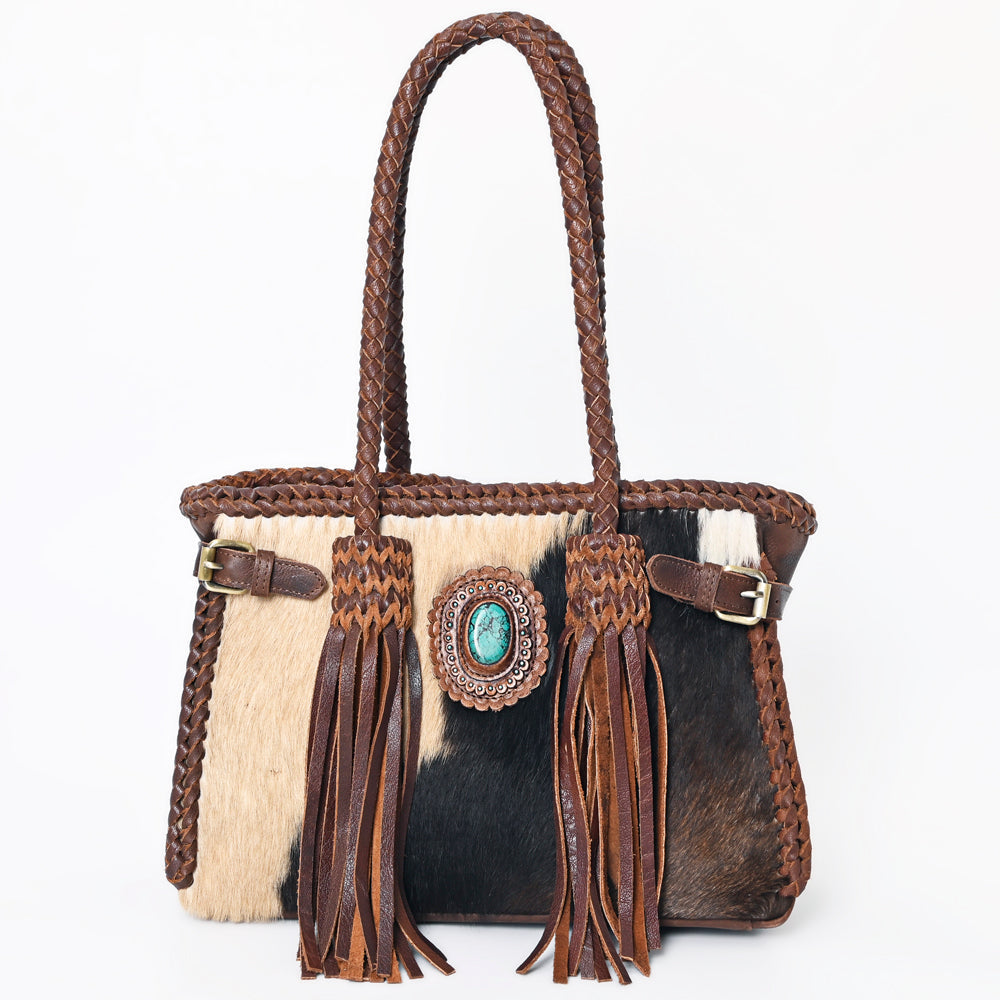 American Darling Tote Bag Western Genuine Leather Handcrafted Purse with Fringes and Turquoise Stone and Braided Handles
