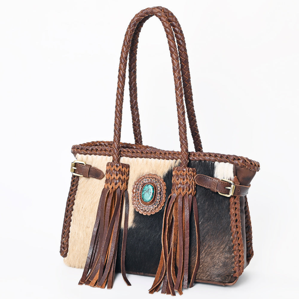 American Darling Tote Bag Western Genuine Leather Handcrafted Purse with Fringes and Turquoise Stone and Braided Handles