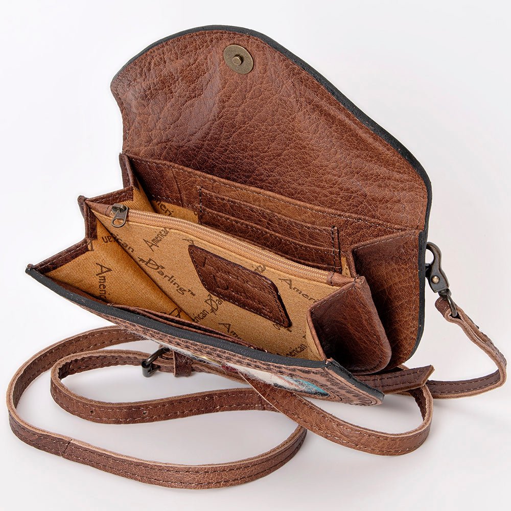 Compact Genuine Leather Western Clutch With Crossbody Strap And Multiple Interior Pockets