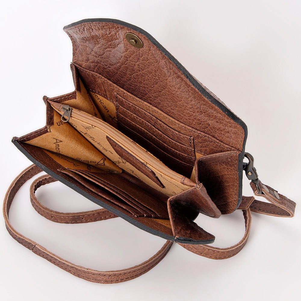 Compact Genuine Leather Western Clutch With Crossbody Strap And Multiple Interior Pockets