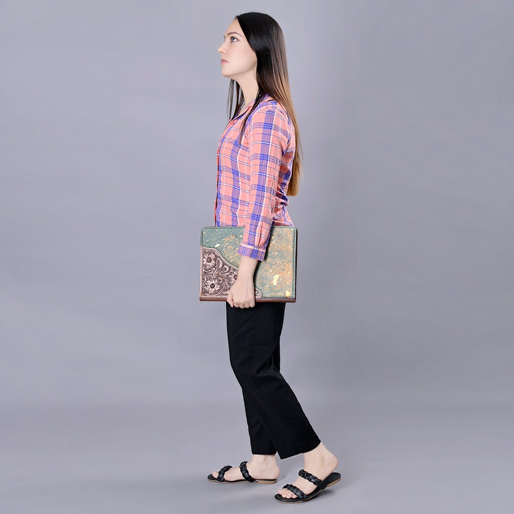 American Darling Portfolio Bag Hand Tooled Crocodile embossed Genuine Leather