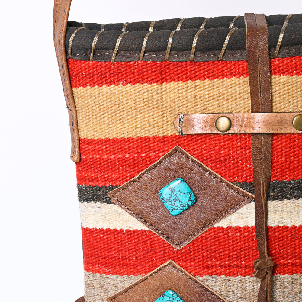 American Darling Western Leather Crossbody Bag with Fringe, Handwoven Saddle Blanket Panel, Adjustable Strap & Premium Genuine Leather
