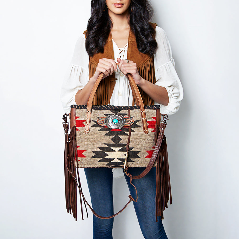 American Darling Handcrafted Western Leather Tote Bag with Native American Handwoven Design, Turquoise Button, Fringes, and Adjustable Strap