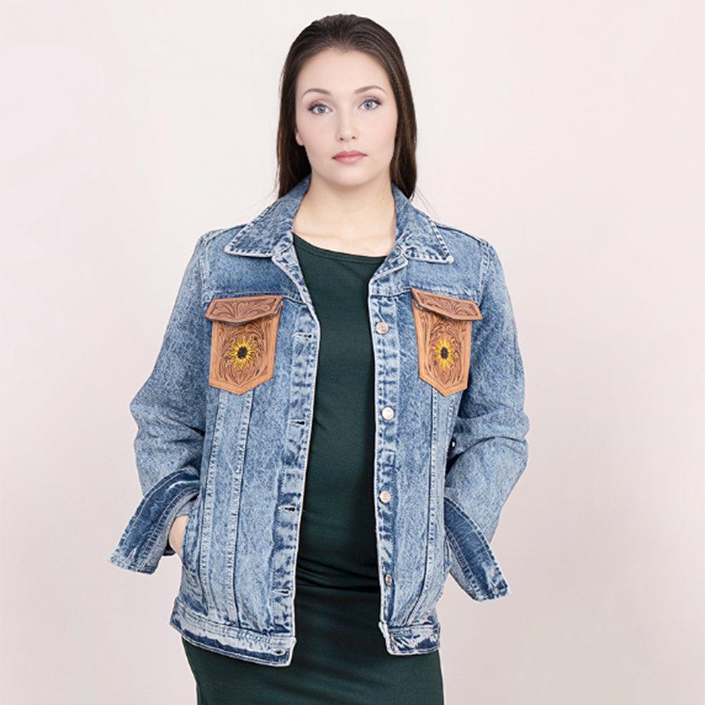 Genuine leather Hand tooled hand carved Women 100% cotton Denim jacket dress