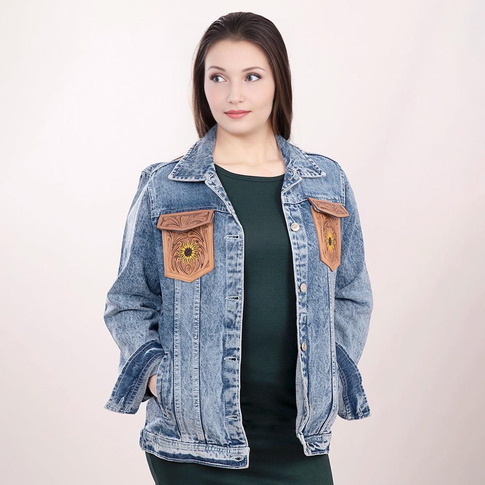 Genuine leather Hand tooled hand carved Women 100% cotton Denim jacket dress
