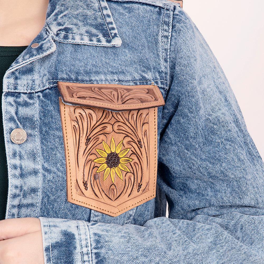 Genuine leather Hand tooled hand carved Women 100% cotton Denim jacket dress