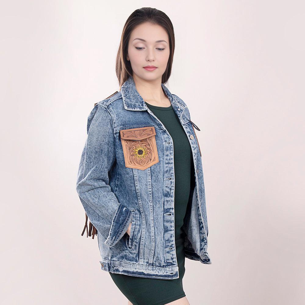Genuine leather Hand tooled hand carved Women 100% cotton Denim jacket dress