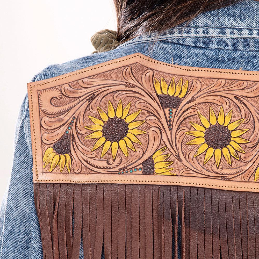 Genuine leather Hand tooled hand carved Women 100% cotton Denim jacket dress