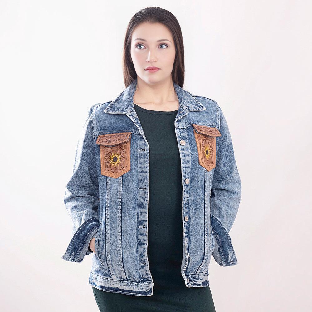 Genuine leather Hand tooled hand carved Women 100% cotton Denim jacket dress