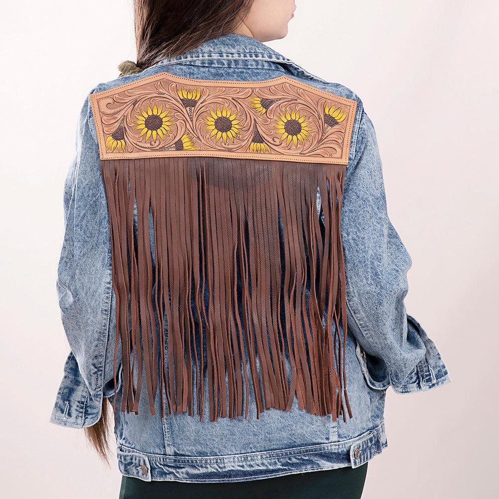 Genuine leather Hand tooled hand carved Women 100% cotton Denim jacket dress