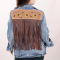 Genuine leather Hand tooled hand carved Women 100% cotton Denim jacket dress