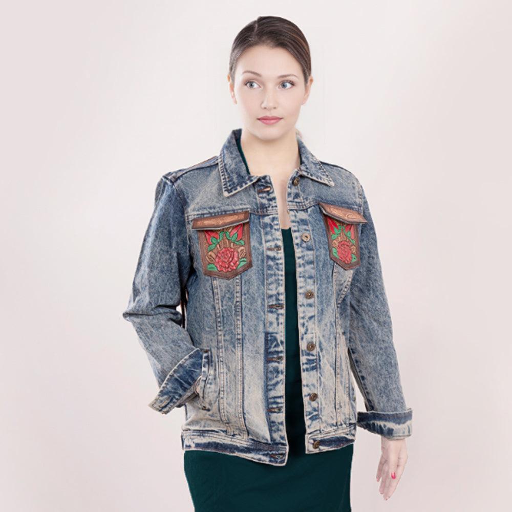 Genuine leather Hand tooled hand carved Women 100% cotton Denim jacket dress