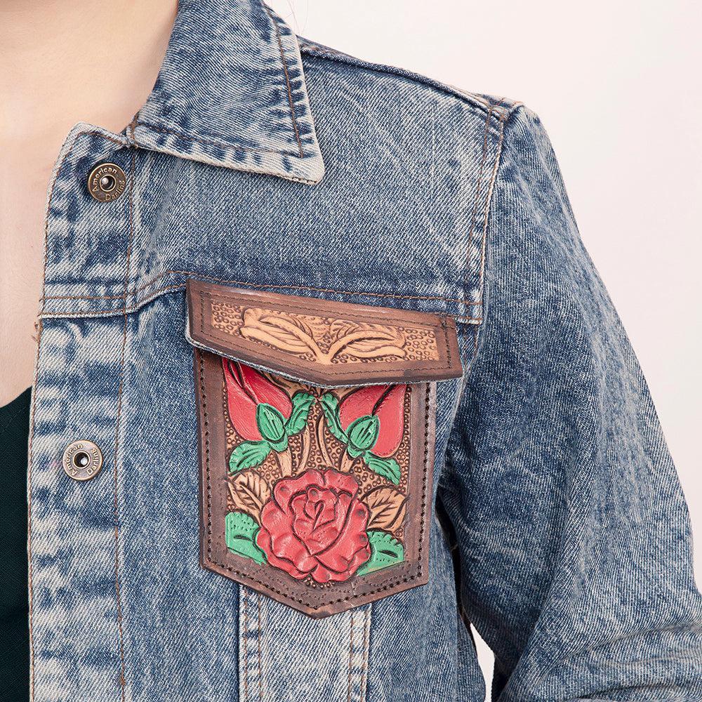 Genuine leather Hand tooled hand carved Women 100% cotton Denim jacket dress