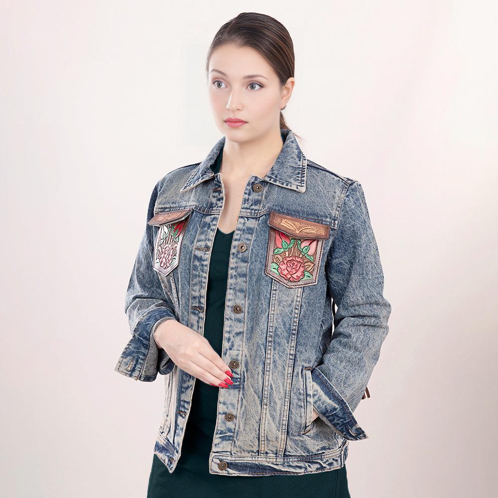 Genuine leather Hand tooled hand carved Women 100% cotton Denim jacket dress