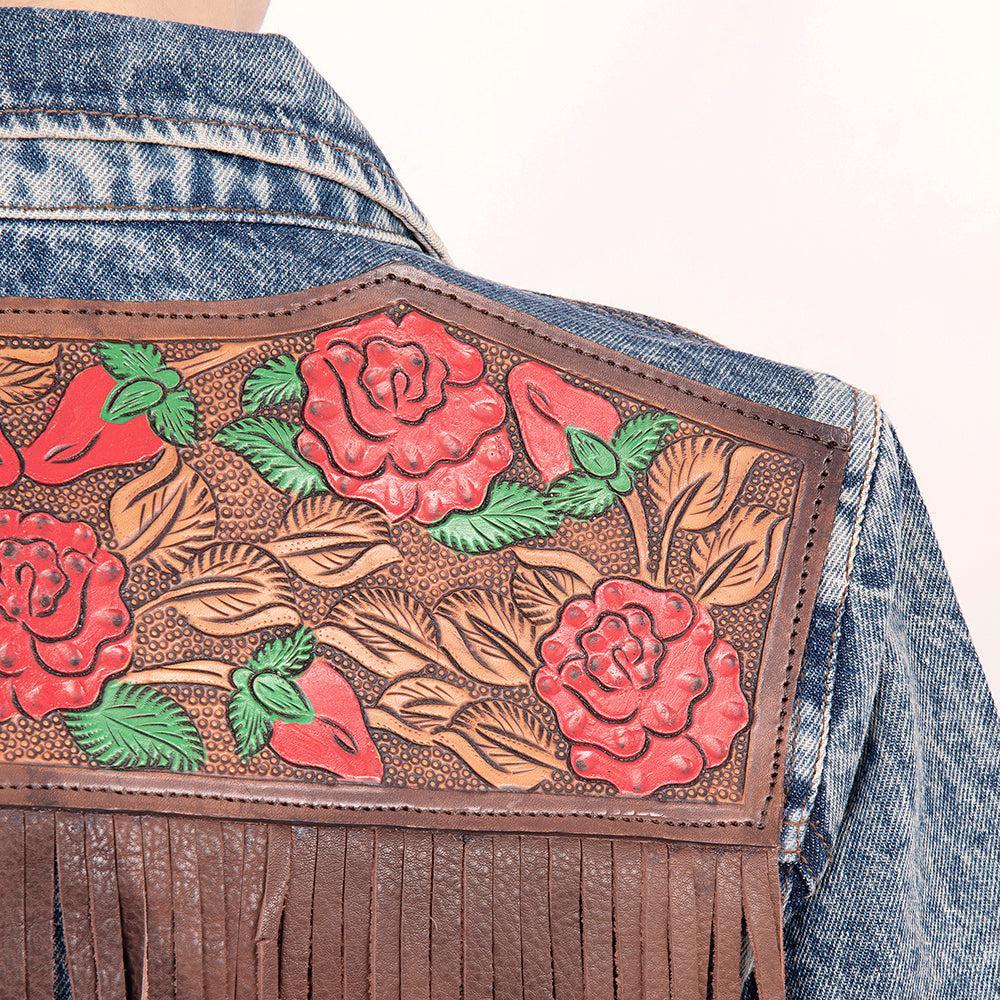 Genuine leather Hand tooled hand carved Women 100% cotton Denim jacket dress