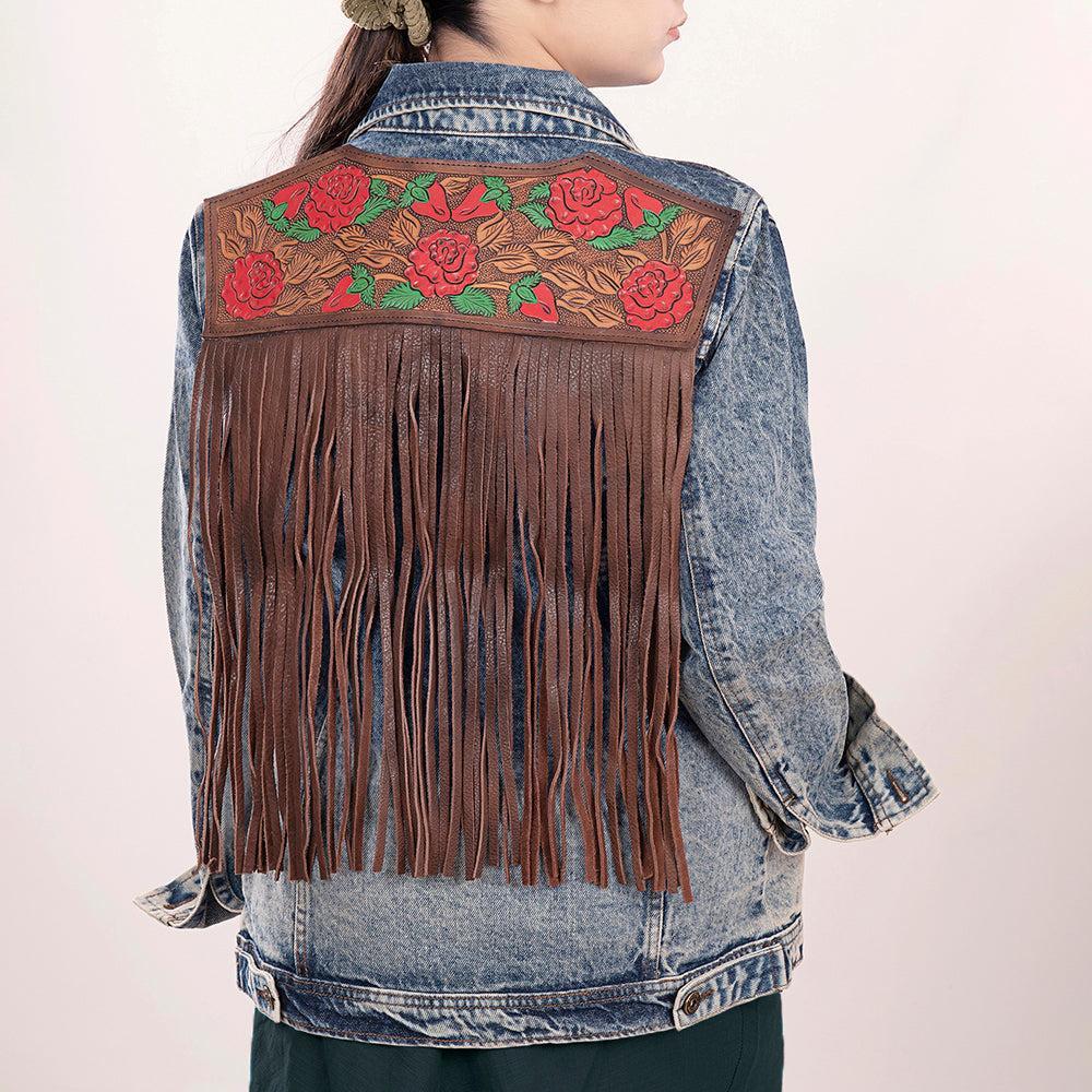 Genuine leather Hand tooled hand carved Women 100% cotton Denim jacket dress