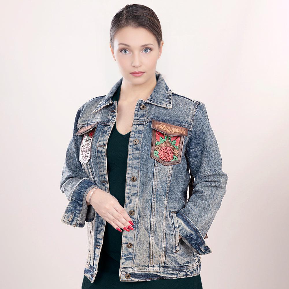 Genuine leather Hand tooled hand carved Women 100% cotton Denim jacket dress
