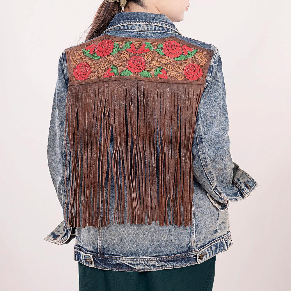Genuine leather Hand tooled hand carved Women 100% cotton Denim jacket dress