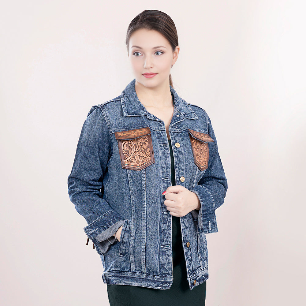 Genuine leather Hand tooled hand carved Women 100% cotton Denim jacket dress