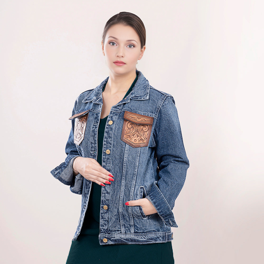 Genuine leather Hand tooled hand carved Women 100% cotton Denim jacket dress