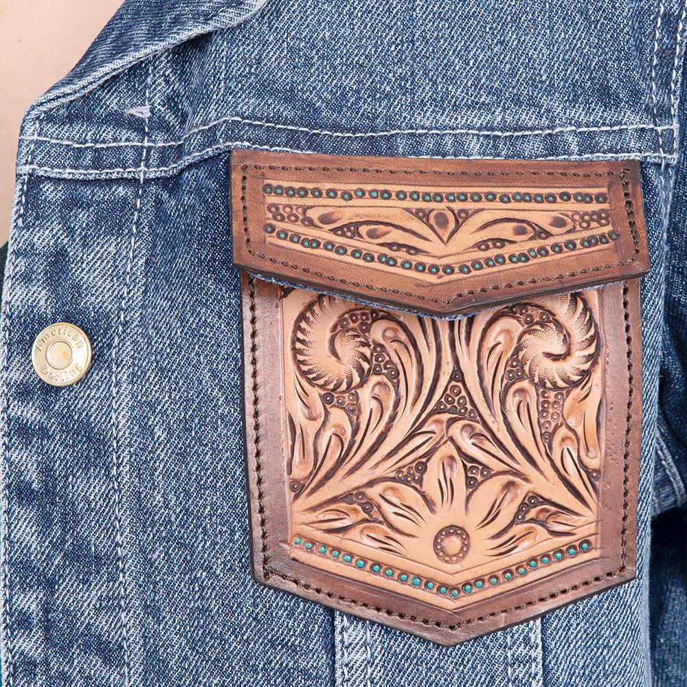 Genuine leather Hand tooled hand carved Women 100% cotton Denim jacket dress
