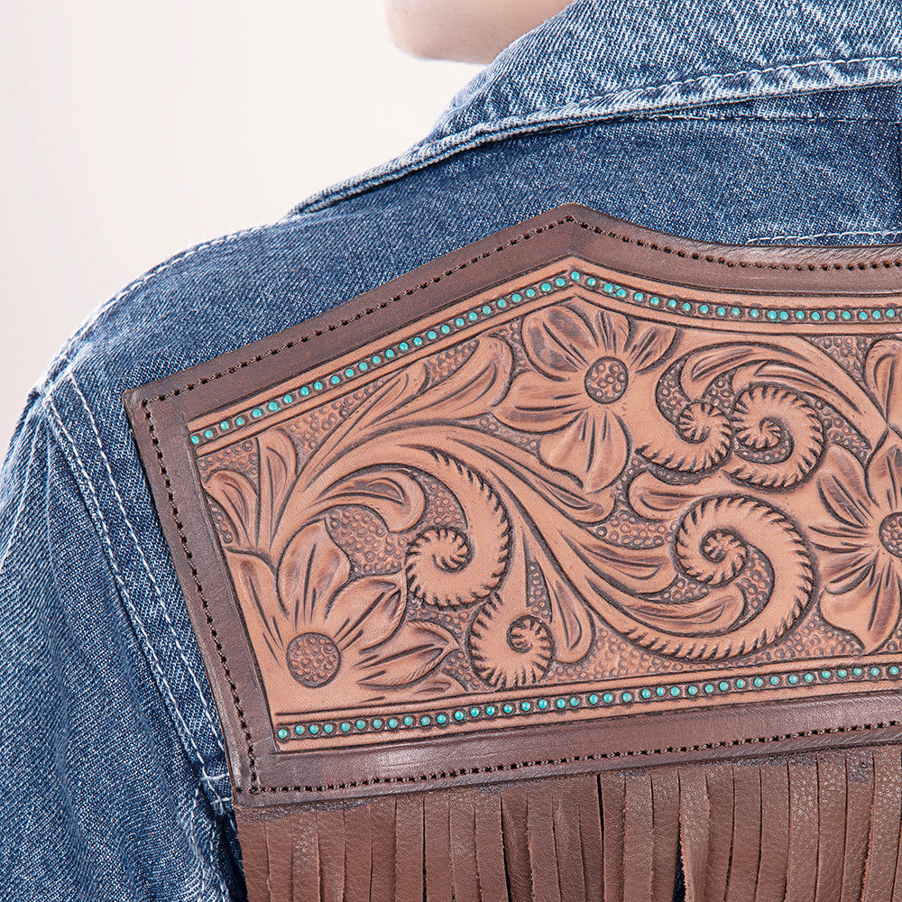Genuine leather Hand tooled hand carved Women 100% cotton Denim jacket dress
