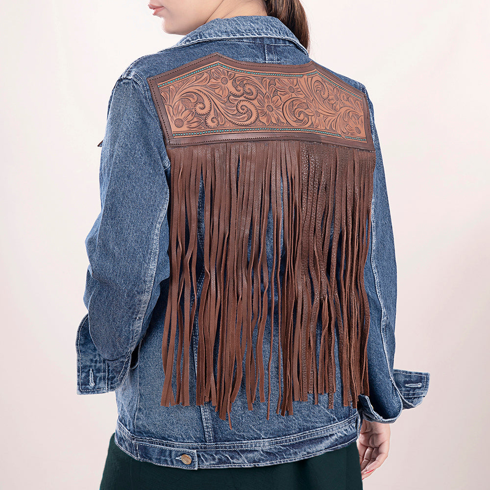 Genuine leather Hand tooled hand carved Women 100% cotton Denim jacket dress