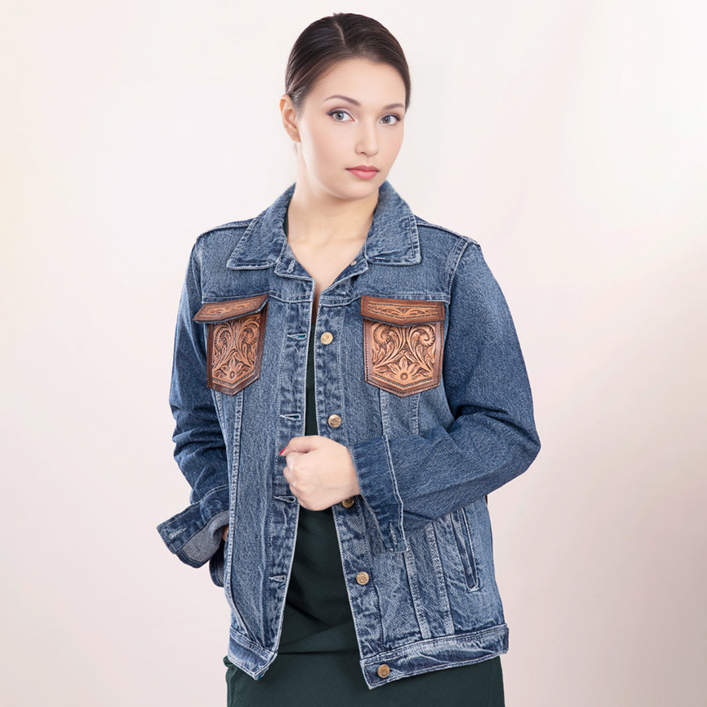 Genuine leather Hand tooled hand carved Women 100% cotton Denim jacket dress
